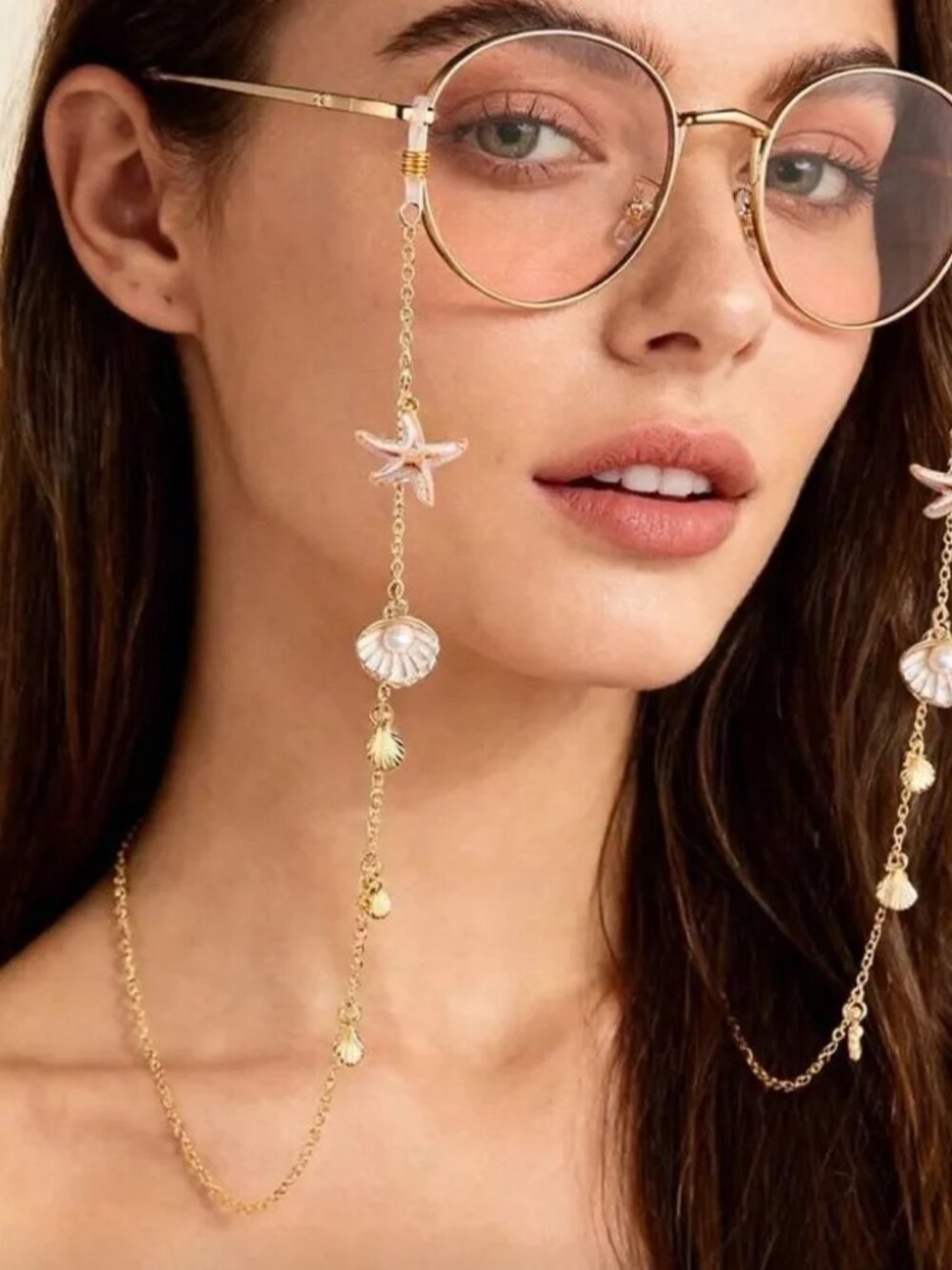 Gold Sunglass Chain with Starfish and Shell Charms R365